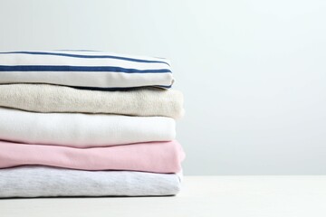 stack of perfectly folded clothing items. pile of different pastel color shirts, sweaters and other garments. close up, copy space
