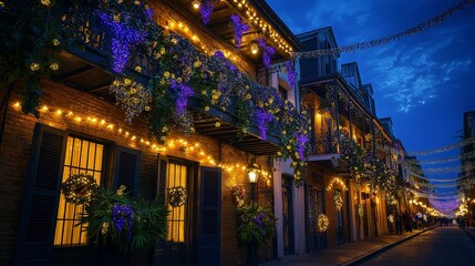 A vibrant street scene in the French Quarter during Mardi Gras, featuring festive decorations, warm lighting, and colorful beads adorning buildings