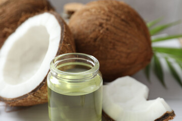 Bottle of coconut oil on the table