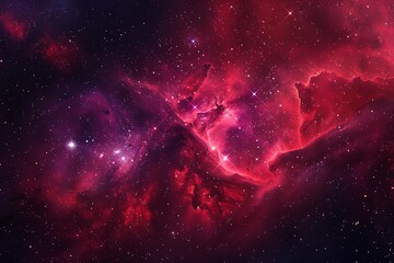 Fototapeta premium Vibrant red and purple nebula cloud, stars in space, dark fantasy background for banner.