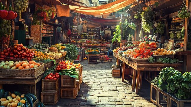 Artisan food markets, fresh produce, vibrant stalls, rustic presentation, cultural vibes, warm tones.
