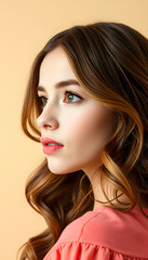 Fototapeta premium Beautiful woman with long curly hair, profile portrait. Beauty, fashion.