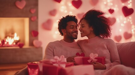 A diverse couple shares a romantic moment in a cozy living room decorated for Valentine's Day, surrounded by gifts and heart-shaped decorations