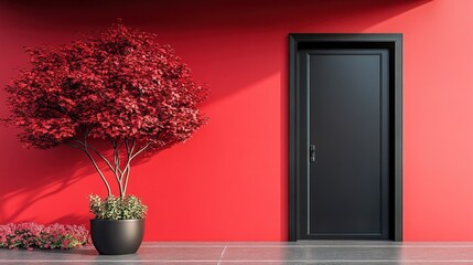 Fototapeta premium Striking contrast of vibrant red wall with black door