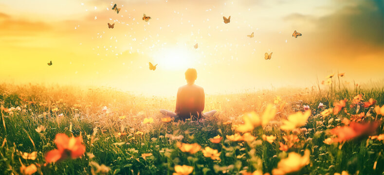 silhouette of person yoga practice outdoor, spring flower meadow at sunrise