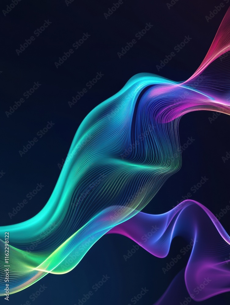 Fototapete 3D abstract sound waves flow together creating a colorful music inspired visual experience in a dark setting. Generative AI