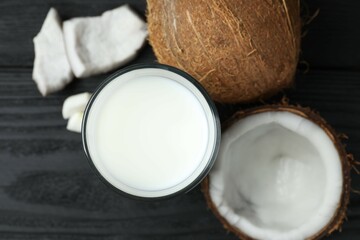 Glass of coconut milk on the table