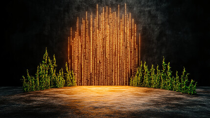 digital themed backdrop featuring glowing binary code and lush green plants, creating futuristic and vibrant atmosphere. contrast between bright code and dark background enhances visual impact