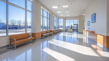 Fototapeta premium Modern hospital waiting area with clean white walls, large windows