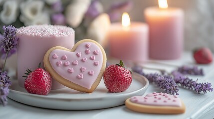 A minimalistic Valentine's Day setup featuring heart-shaped cookies, a small cake, and flowers on a bright table with soft candlelight