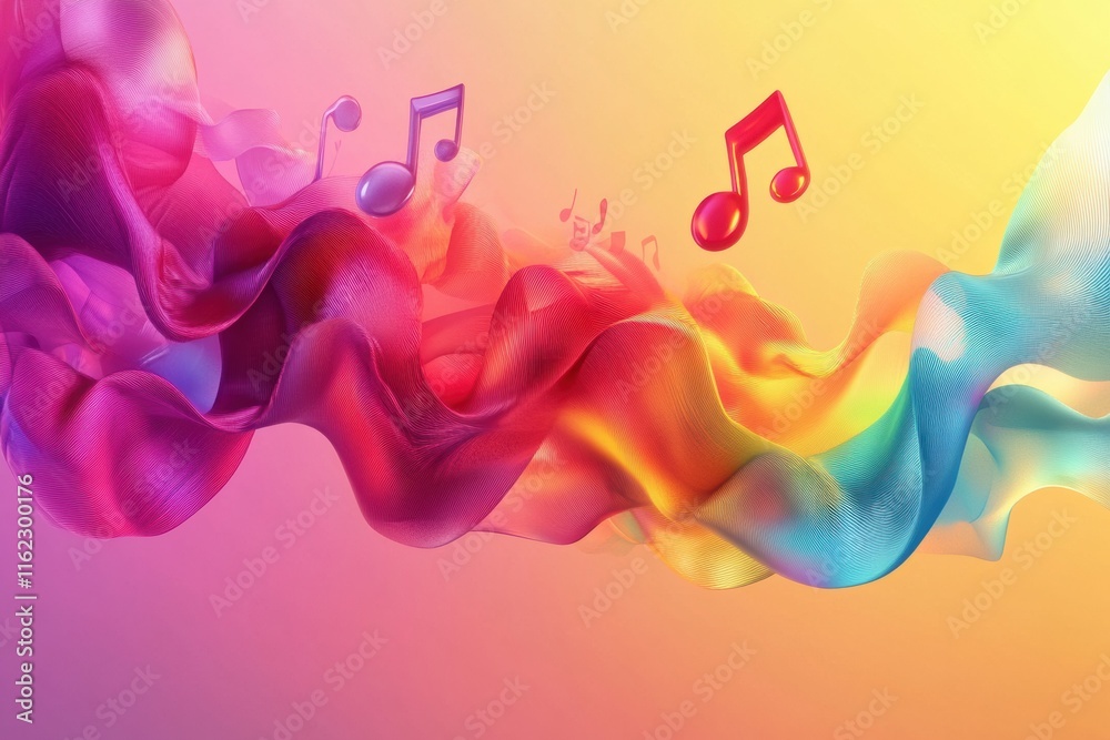 Aufkleber vibrant 3d music notes flowing through colorful waves of sound and rhythm under a soft, glowing back