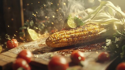Freshly Grilled Corn with Tomatoes and Spices on a Rustic Table