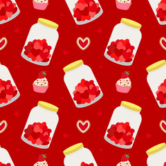 Seamless pattern of marmalade in a jar with strawberry cupcakes for Valentine's Day on a red background. vector.