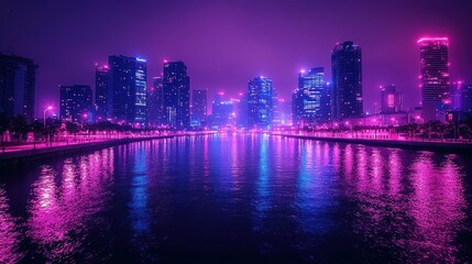 Fototapeta premium Neon cityscape reflecting on water at night.