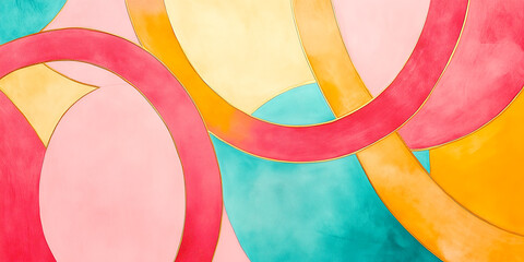 Abstract wide geometric banner featuring circular loops overlapping with bold intersecting curves on smooth light suede in coral pink, turquoise, and golden yellow, perfect for striking designs