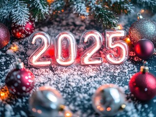 Christmas Tree Ornaments with number 2025 Close Up