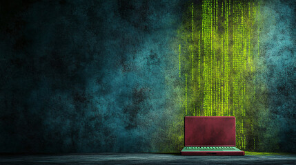 hacker terminal backdrop with glowing green matrix effect and red laptop. scene evokes sense of mystery and technology