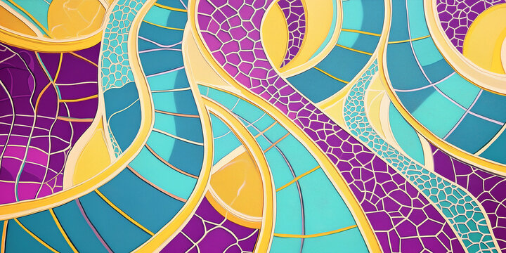 Abstract wide geometric banner, catenary curves, hyperbolic functions, and elliptical arcs interwoven with angular lines and hexagonal patterns on smooth light suede in electric teal, bright yellow