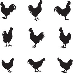 set of silhouettes of chicken