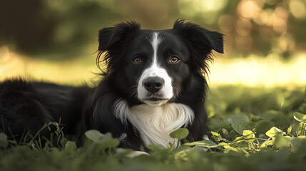 Fototapeta premium calm black and white dog resting on green grass, enjoying nature