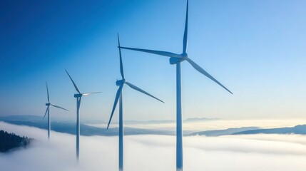 Wind Turbines Over Fog-Covered Valley Generating Energy