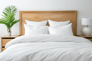 Comfortable bedroom with minimalist decor and fresh greenery in natural light