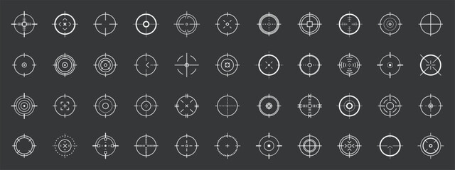 Weapon sight, sniper rifle optical scope. Hunting gun viewfinder with crosshair. Crosshair gun sight icons set. Bullseye, target or aim symbol. Shooting mark. Military target sign. Game UI. Vector. © Volodymyr