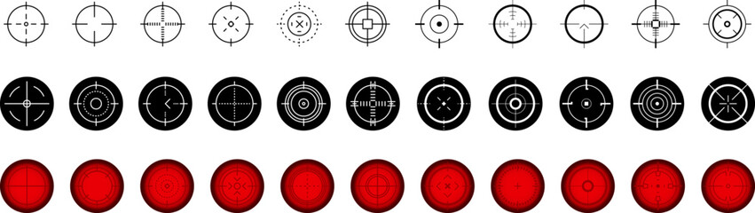 Obraz premium Weapon sight, sniper rifle optical scope. Hunting gun viewfinder with crosshair. Crosshair gun sight icons set. Bullseye, target or aim symbol. Shooting mark. Military target sign. Game UI. Vector.