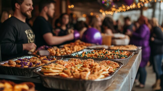A diverse group of people celebrate Mardi Gras with traditional foods like pancakes and donuts, surrounded by festive decorations and joyful expressions
