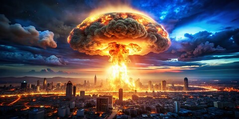 Fototapeta premium Atomic Bomb Explosion Night City Mushroom Cloud - High Definition