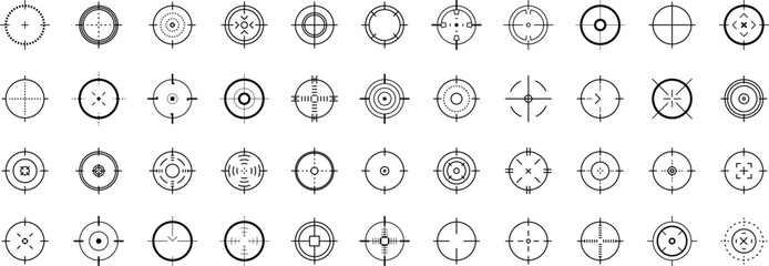 Weapon sight, sniper rifle optical scope. Hunting gun viewfinder with crosshair. Crosshair gun sight icons set. Bullseye, target or aim symbol. Shooting mark. Military target sign. Game UI. Vector.
