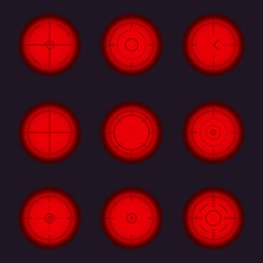 Weapon sight, sniper rifle optical scope. Hunting gun viewfinder with crosshair. Crosshair gun sight icons set. Bullseye, target or aim symbol. Shooting mark. Military target sign. Game UI. Vector.