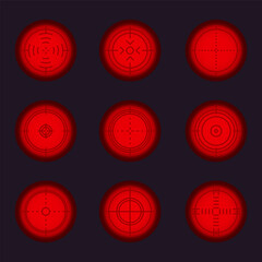 Weapon sight, sniper rifle optical scope. Hunting gun viewfinder with crosshair. Crosshair gun sight icons set. Bullseye, target or aim symbol. Shooting mark. Military target sign. Game UI. Vector.