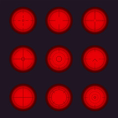 Weapon sight, sniper rifle optical scope. Hunting gun viewfinder with crosshair. Crosshair gun sight icons set. Bullseye, target or aim symbol. Shooting mark. Military target sign. Game UI. Vector.