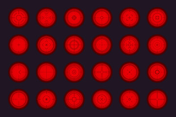 Weapon sight, sniper rifle optical scope. Hunting gun viewfinder with crosshair. Crosshair gun sight icons set. Bullseye, target or aim symbol. Shooting mark. Military target sign. Game UI. Vector.