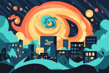 Obraz premium A vibrant illustration of a swirling galaxy over a city skyline at dusk, evoking a sense of wonder.