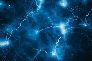 Fototapeta premium Abstract composition of glowing electric currents forming a web-like pattern against a deep blue background.