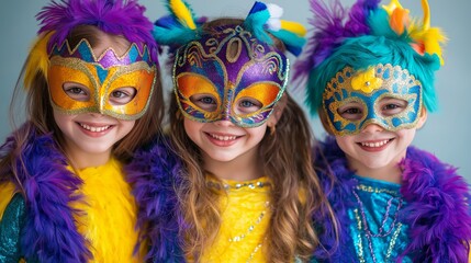 Three children wearing colorful carnival masks and vibrant costumes, smiling joyfully against a bright background