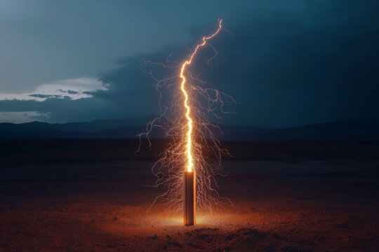 High-voltage lightning strike hitting a metallic rod in a deserted field at dusk, with glowing energy scattering.