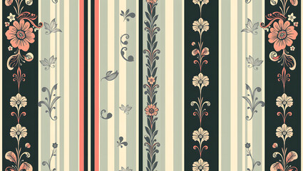 Trendy stylish Vertical Striped floral pattern with paisley and indian flower motifs. damask modern style pattern , Design for fashion , fabric, textile, wallpaper , wrapping and all prints