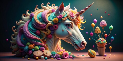 A whimsical unicorn head, crafted from edible delights. Magical food art.