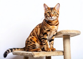 Obraz premium Bengal Cat on Cat Tower - White Background