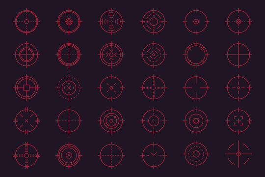 Weapon sight, sniper rifle optical scope. Hunting gun viewfinder with crosshair. Crosshair gun sight icons set. Bullseye, target or aim symbol. Shooting mark. Military target sign. Game UI. Vector.