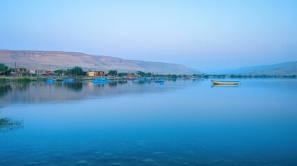 Fototapeta premium Serene lake view at dusk with boats and mountains.