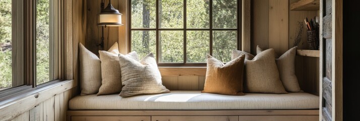 Sunlit Window Seat With Neutral Pillows In Rustic Cabin