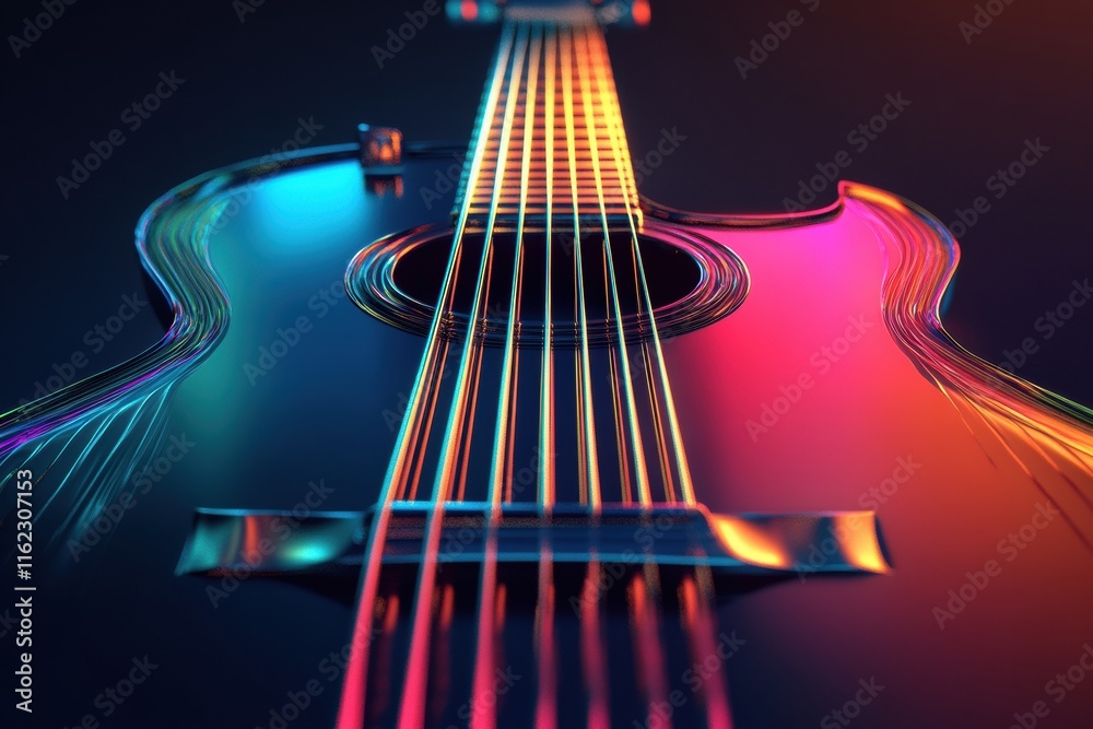 Aufkleber vibrant 3d representation of a guitar with neon colors and detailed strings in a dimly lit environme
