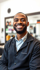 Obraz premium Portrait of a smiling African American barber in a barber shop