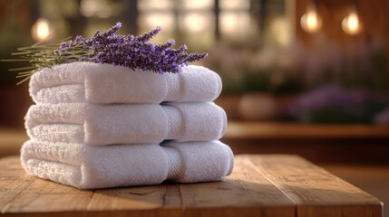 Neatly arranged clean spa towels on a textured wooden surface, ideal for wellness themes.