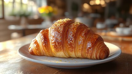 Freshly baked croissant close-up with crisp golden layers and a flaky texture.
