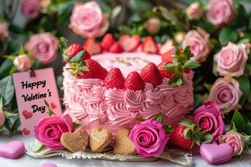 Beautiful pink frosted cake decorated with strawberries and pink heart-shaped cookies surrounded by a bouquet of pink roses. Happy Valentine's Day greeting card. MZ